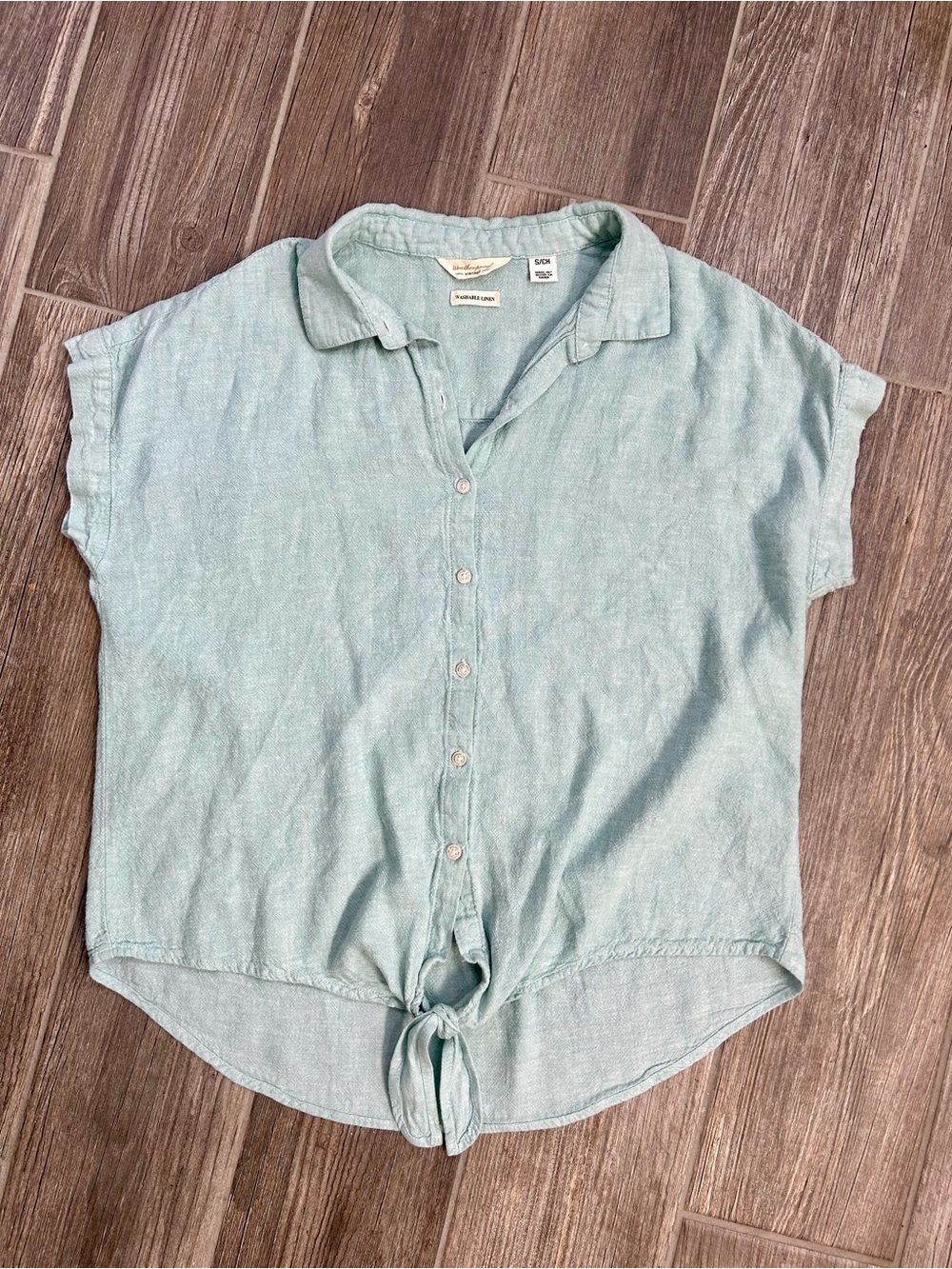 Weatherproof Vintage Seafoam Green Tie-Front Button Down Linen Shirt, Size S